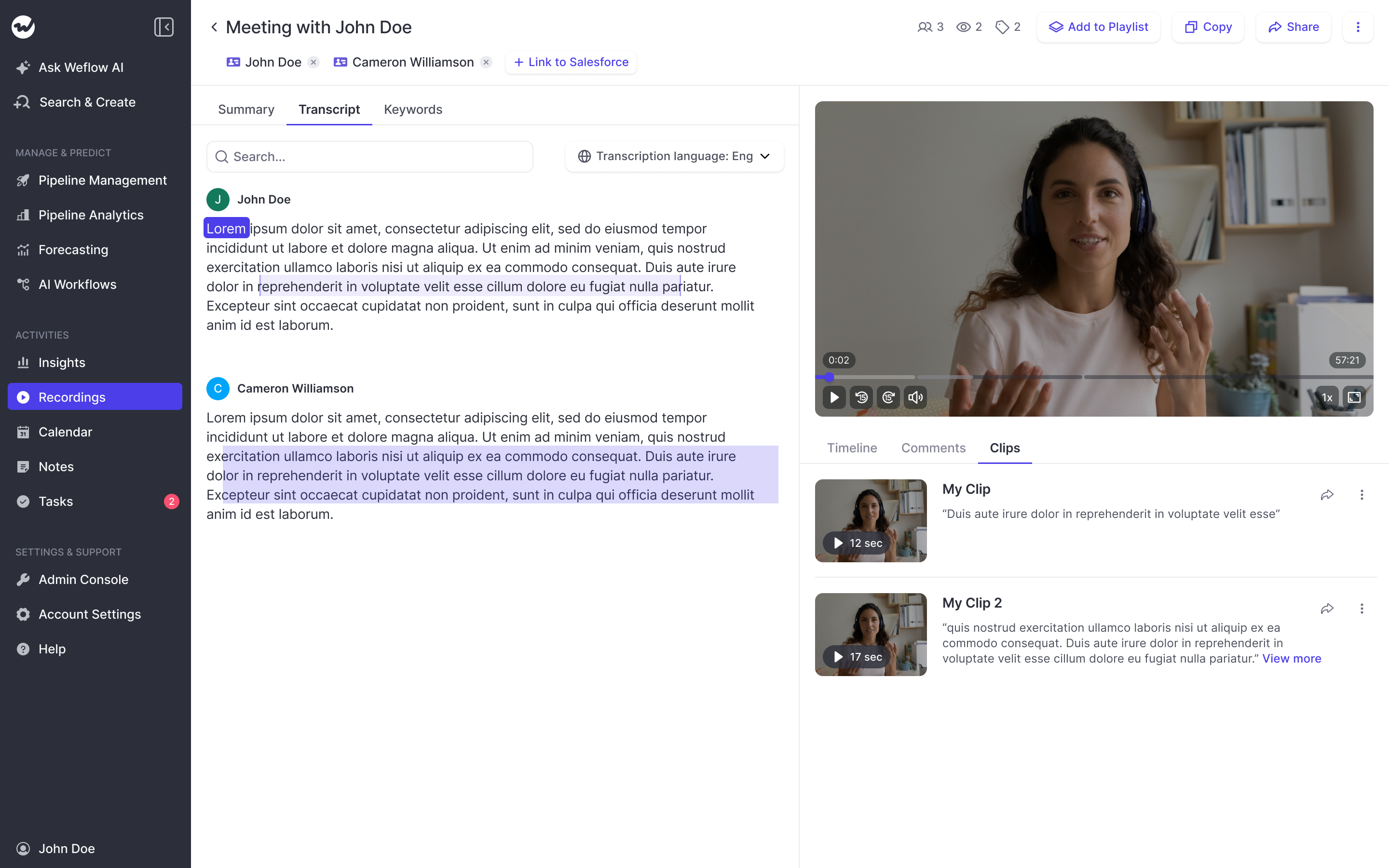 Weflow meeting transcript with highlighted text and two saved clips