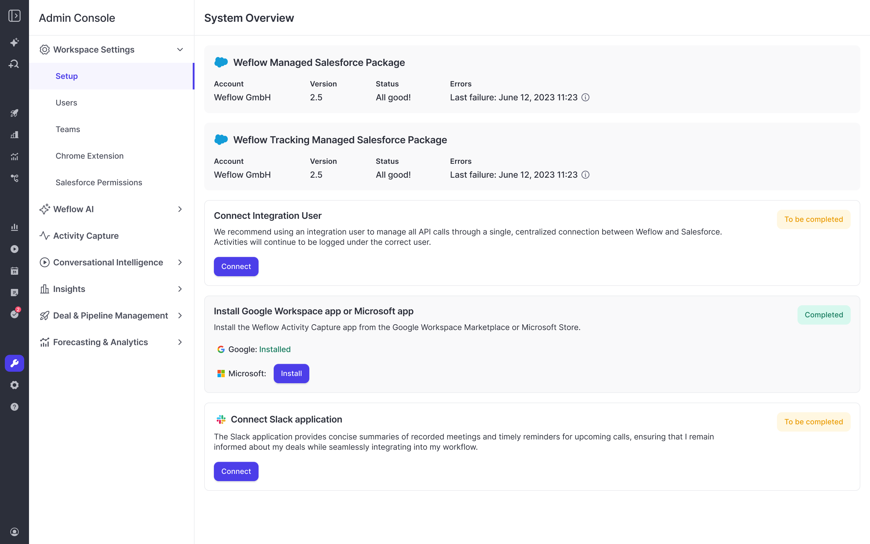 Weflow Admin Console System Overview showing Salesforce managed packages and integration setup steps including Slack.
