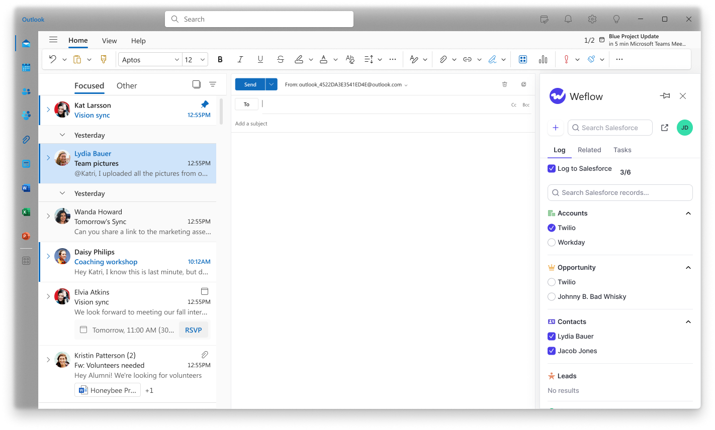Weflow Outlook add-in with a Salesforce record selected for logging