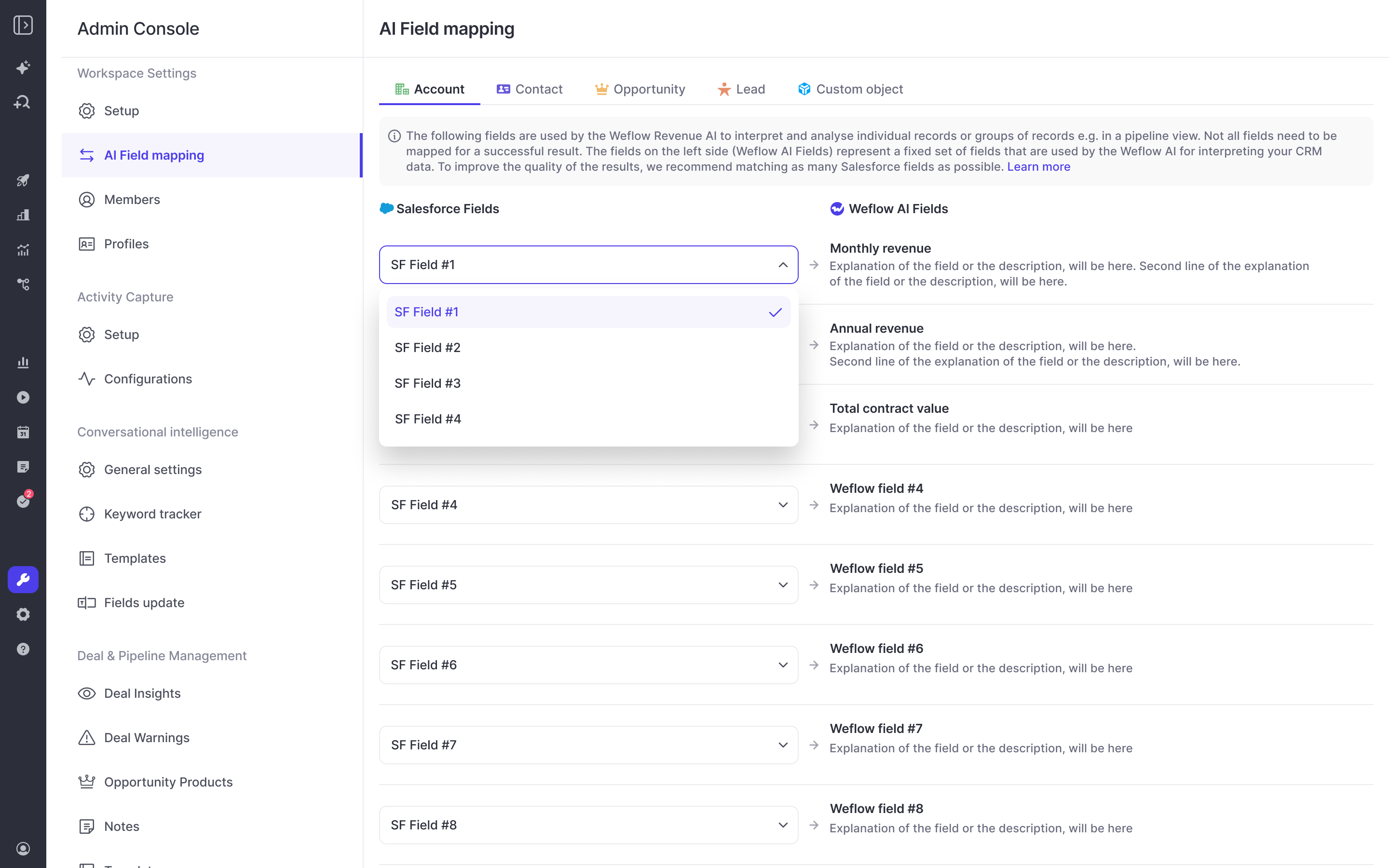 Weflow Admin Console AI Field mapping screen pairing Salesforce fields with Weflow AI fields via dropdowns.