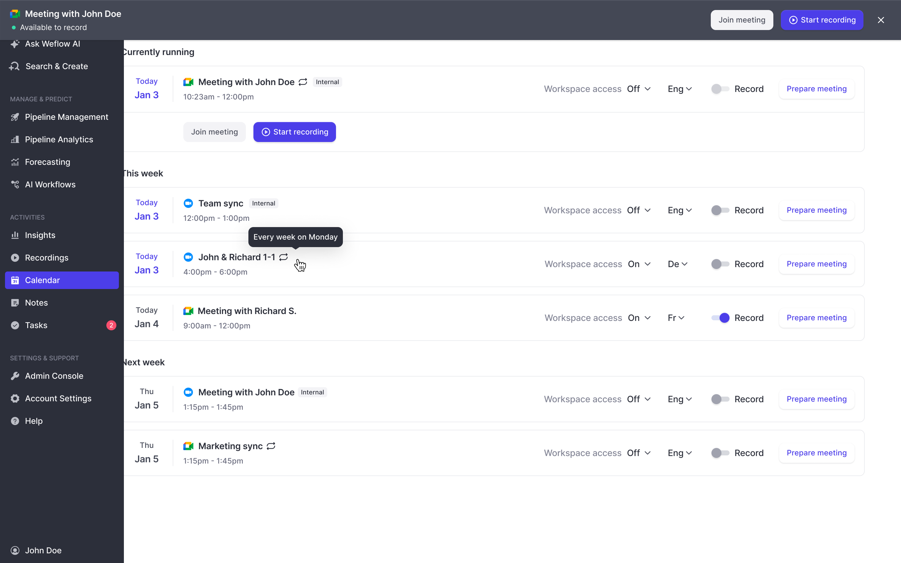 Weflow Calendar inside Conversation Intelligence with recurring meeting tooltip
