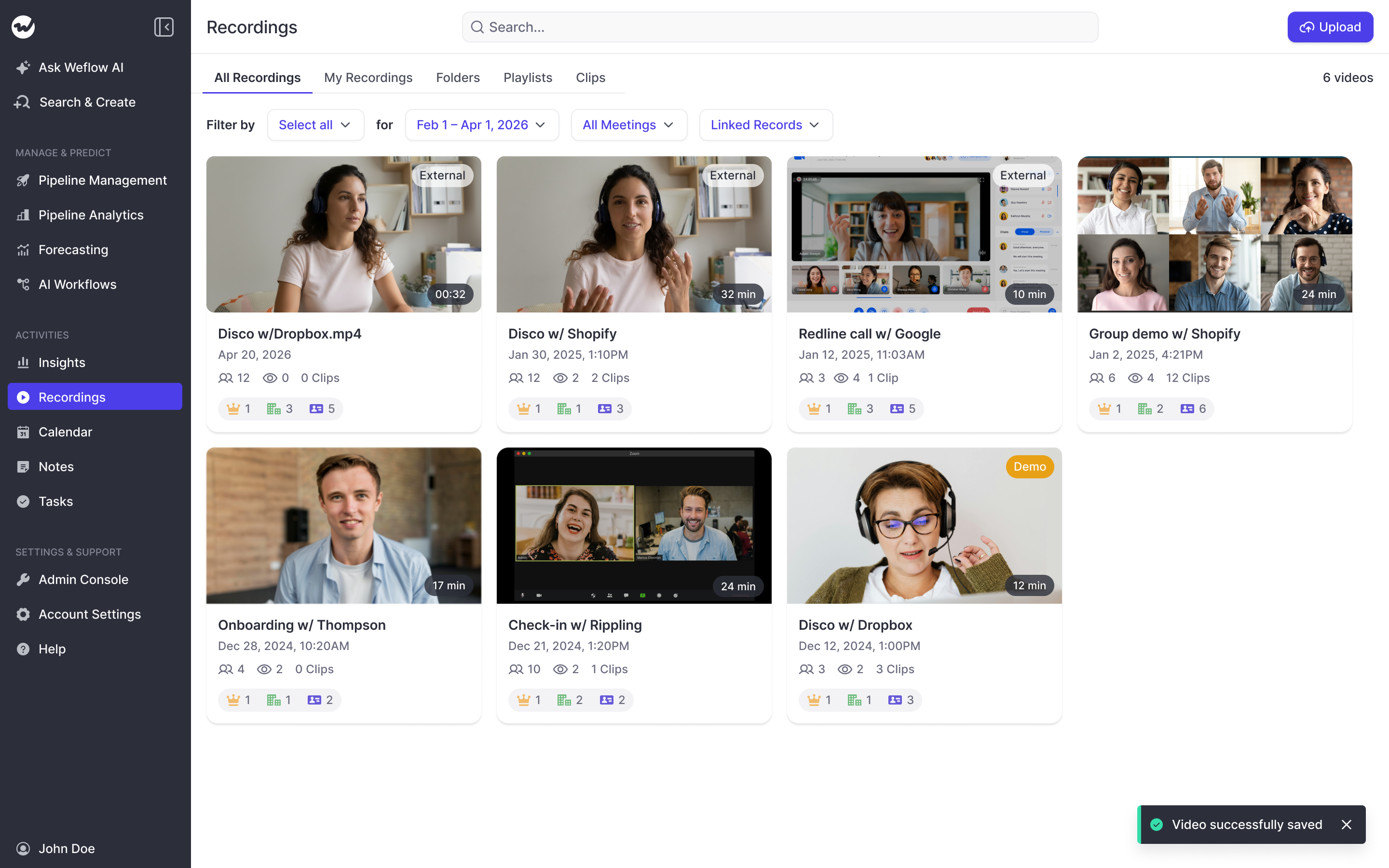 Weflow Recordings library showing call recordings in grid view inside Conversation Intelligence