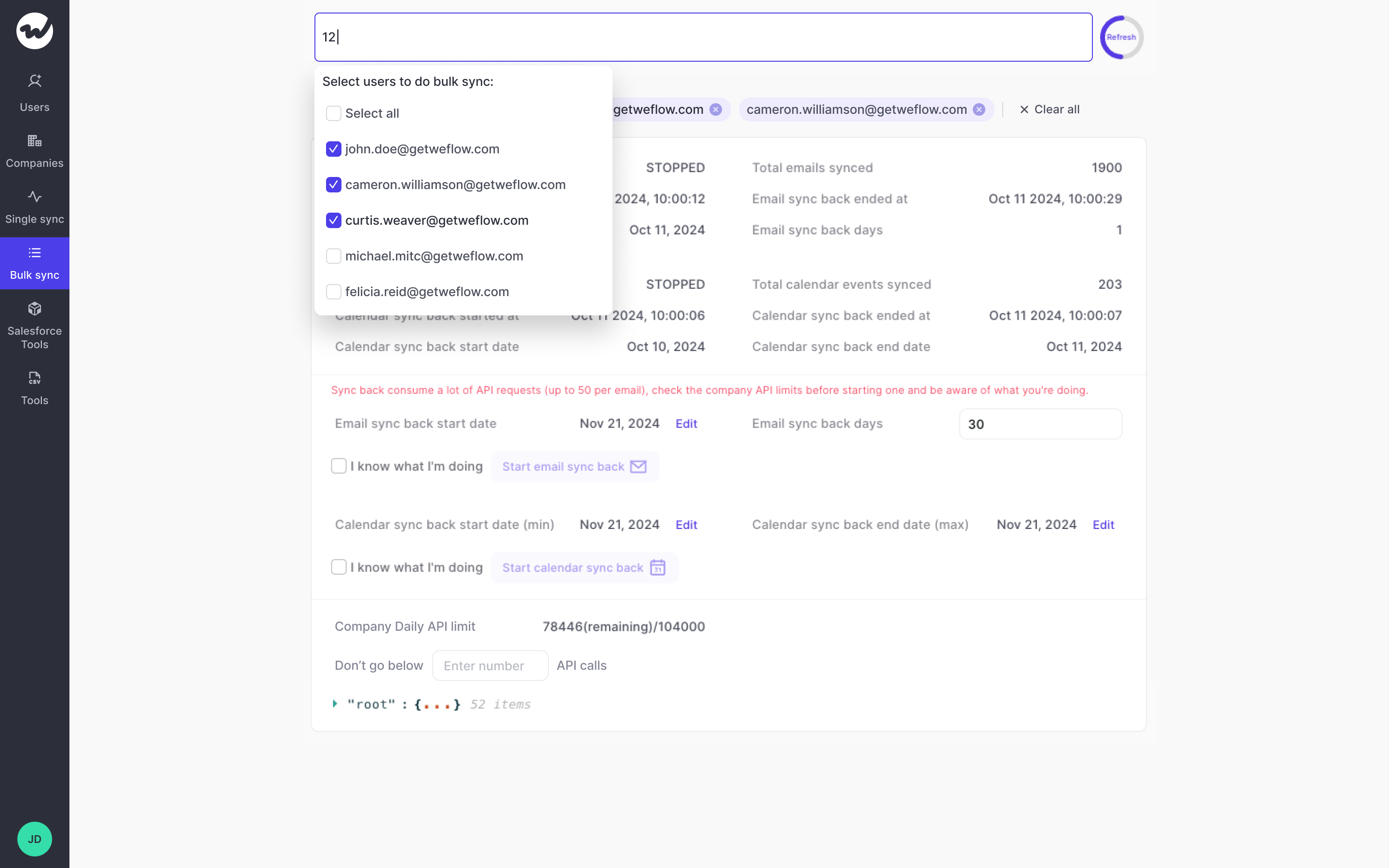 Weflow Admin Console email sync-back screen showing selected users and email and calendar sync statistics.