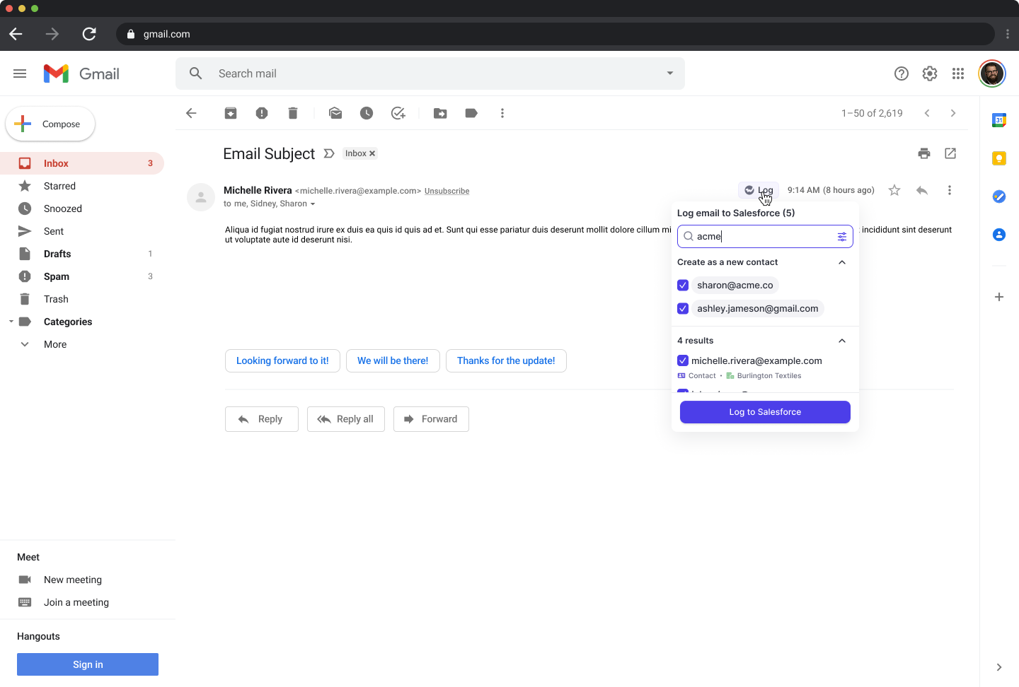 Weflow Gmail add-in logging an email to Salesforce with account and contact matching