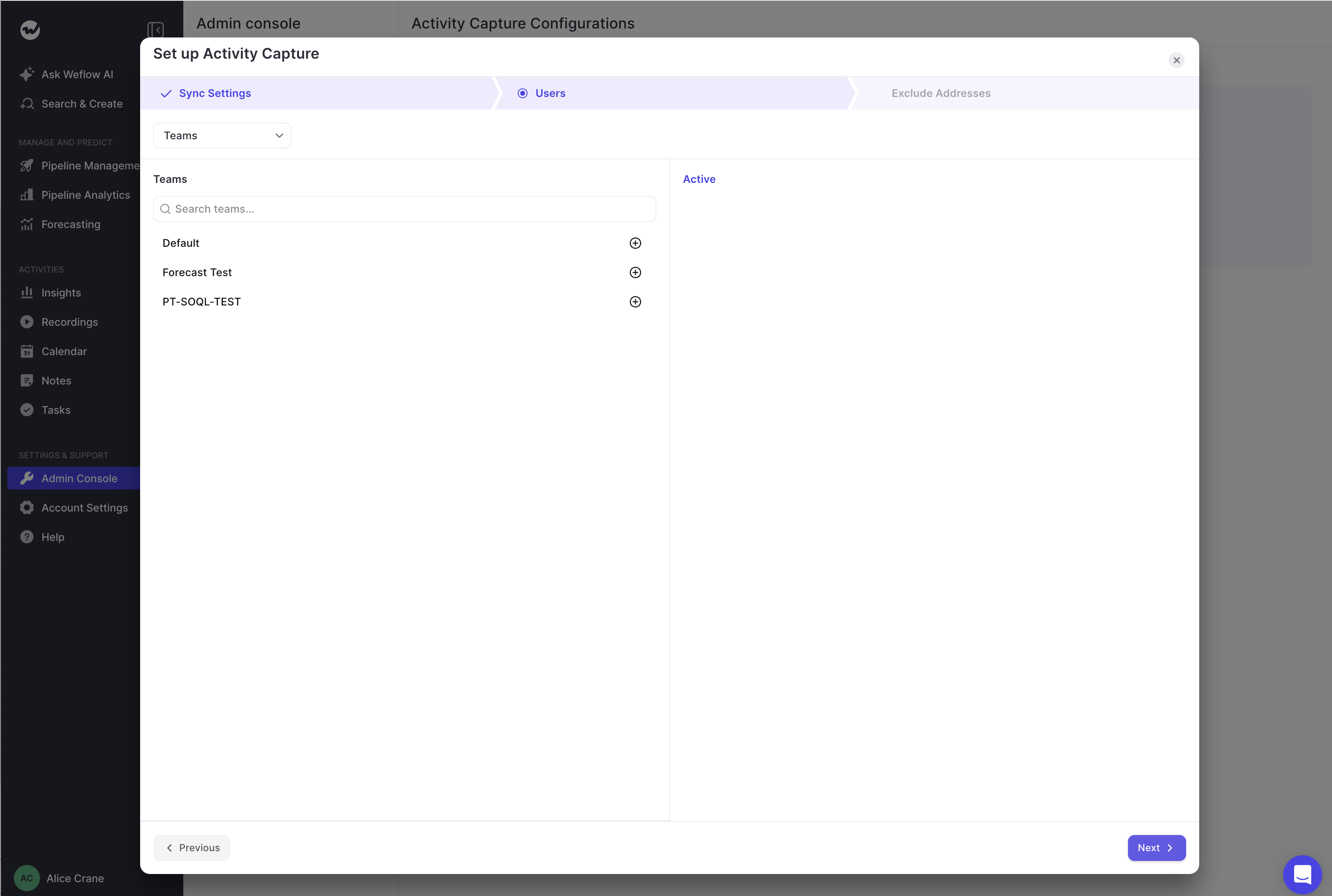 Weflow Activity Capture setup modal Users step listing selectable teams to activate for capture