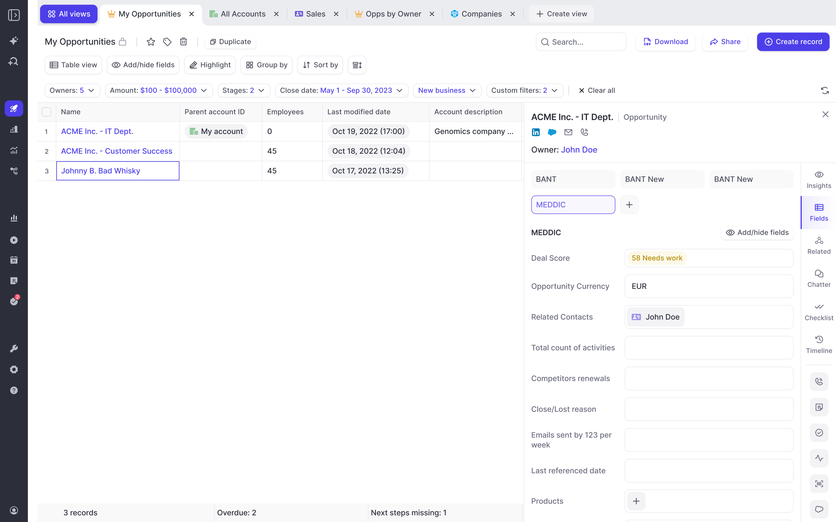 Weflow My Opportunities list with MEDDIC scoring side panel open on a selected opportunity