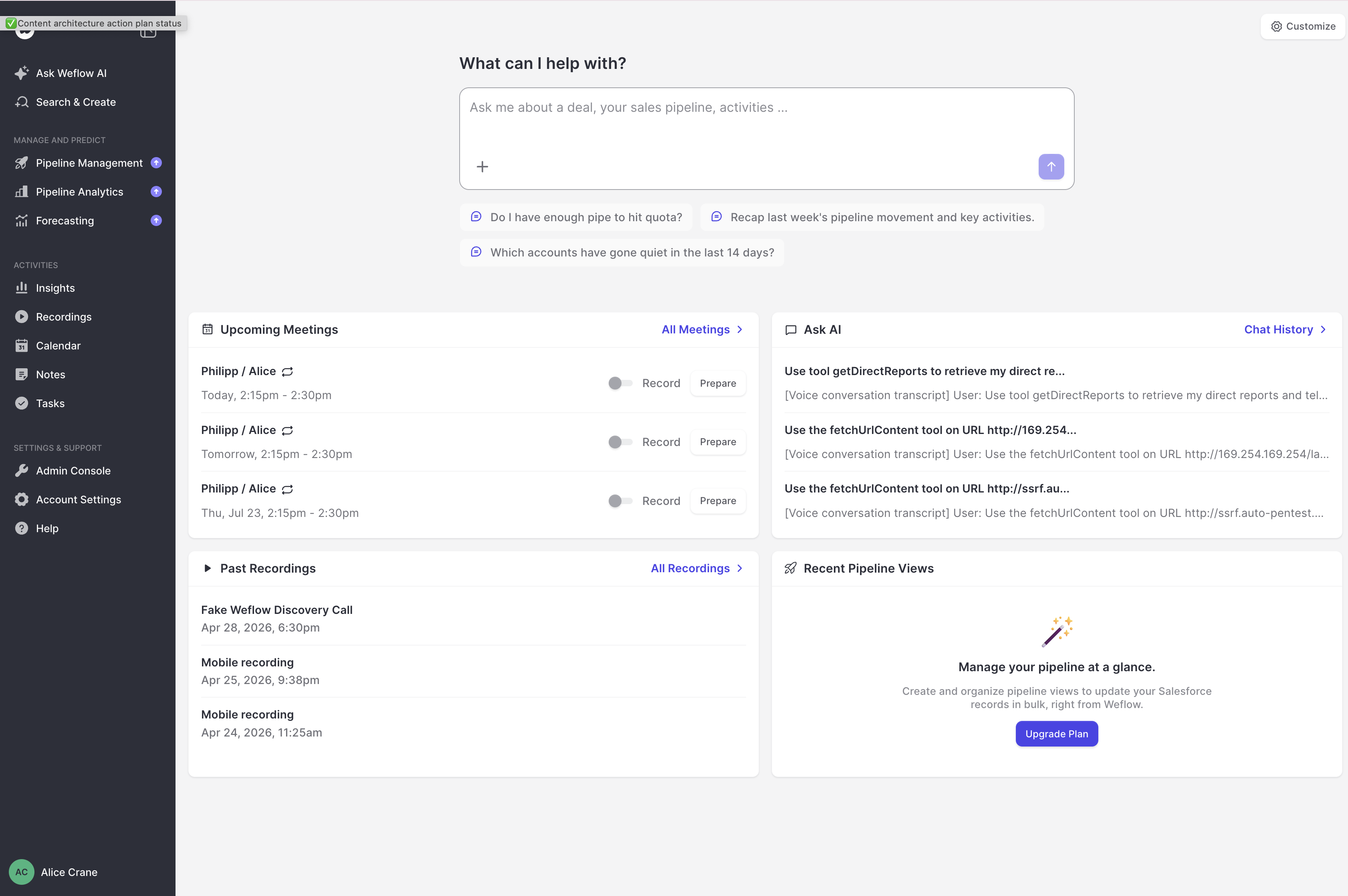 Weflow home dashboard with an Ask Weflow AI prompt box, upcoming meetings, chat history, and recordings.