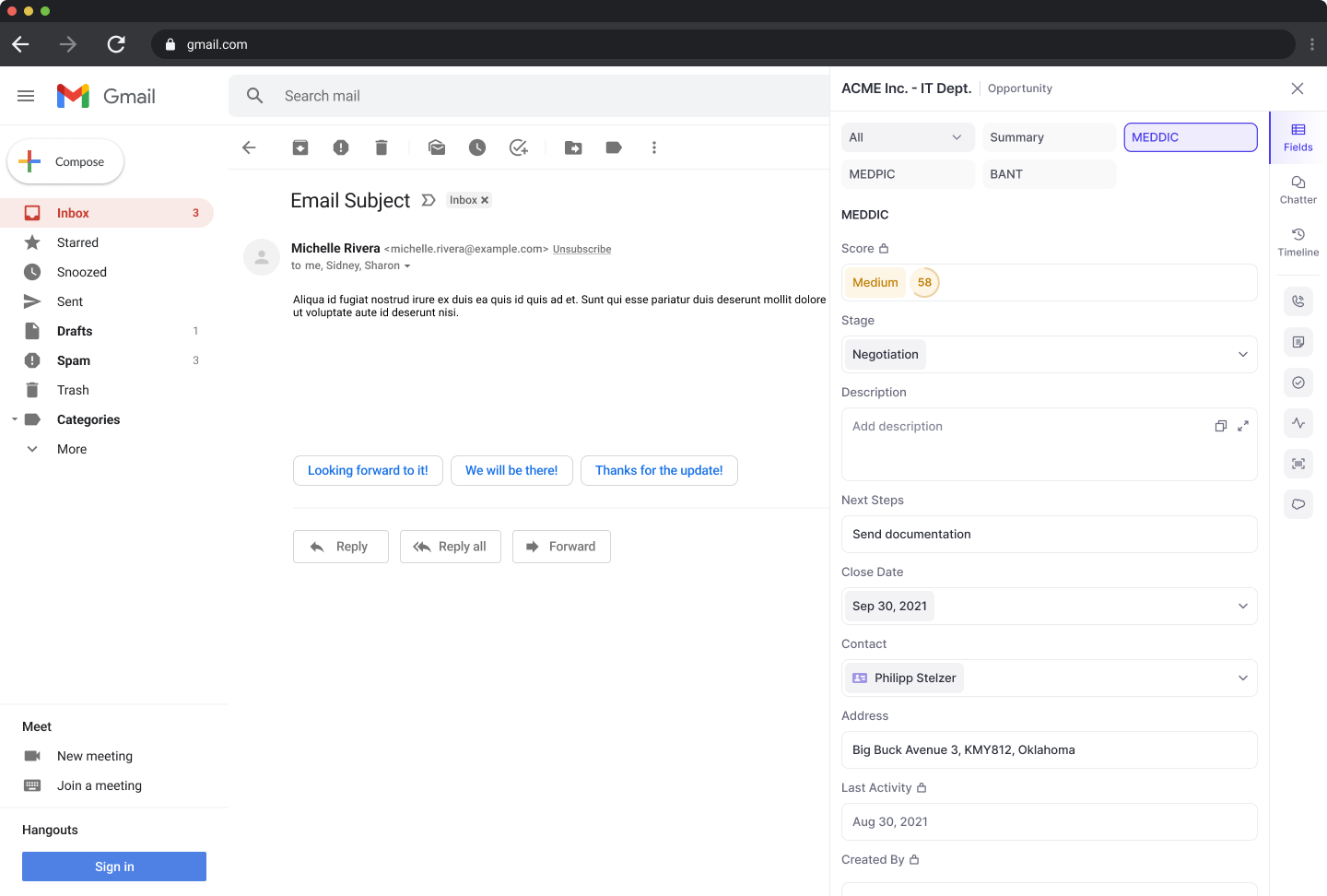 Weflow Gmail add-in showing linked Salesforce opportunity with MEDDIC scoring fields
