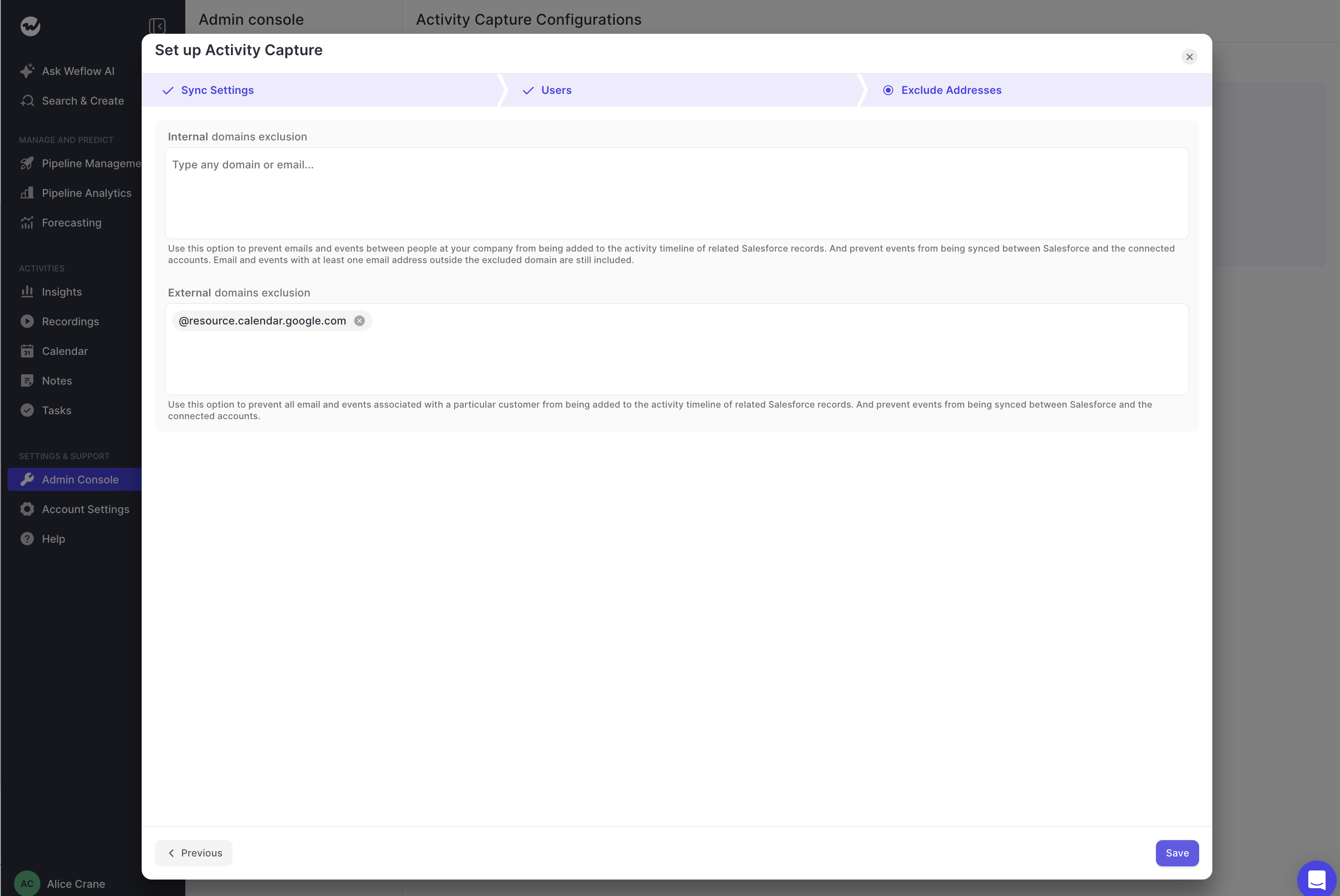 Weflow Activity Capture setup modal on the Exclude Addresses step with internal and external domain exclusion fields.