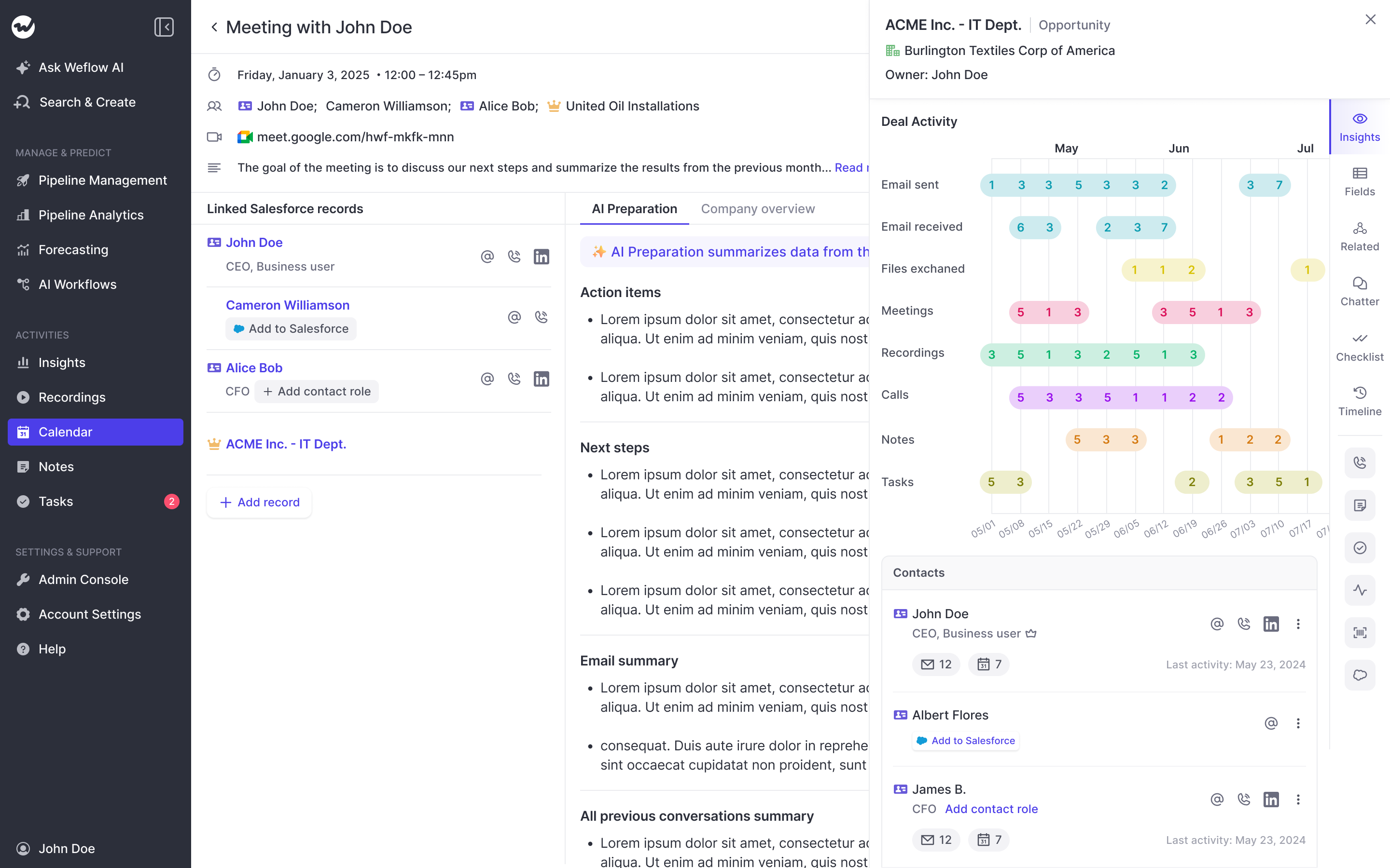 Weflow company overview panel with deal activity heatmap and contact list