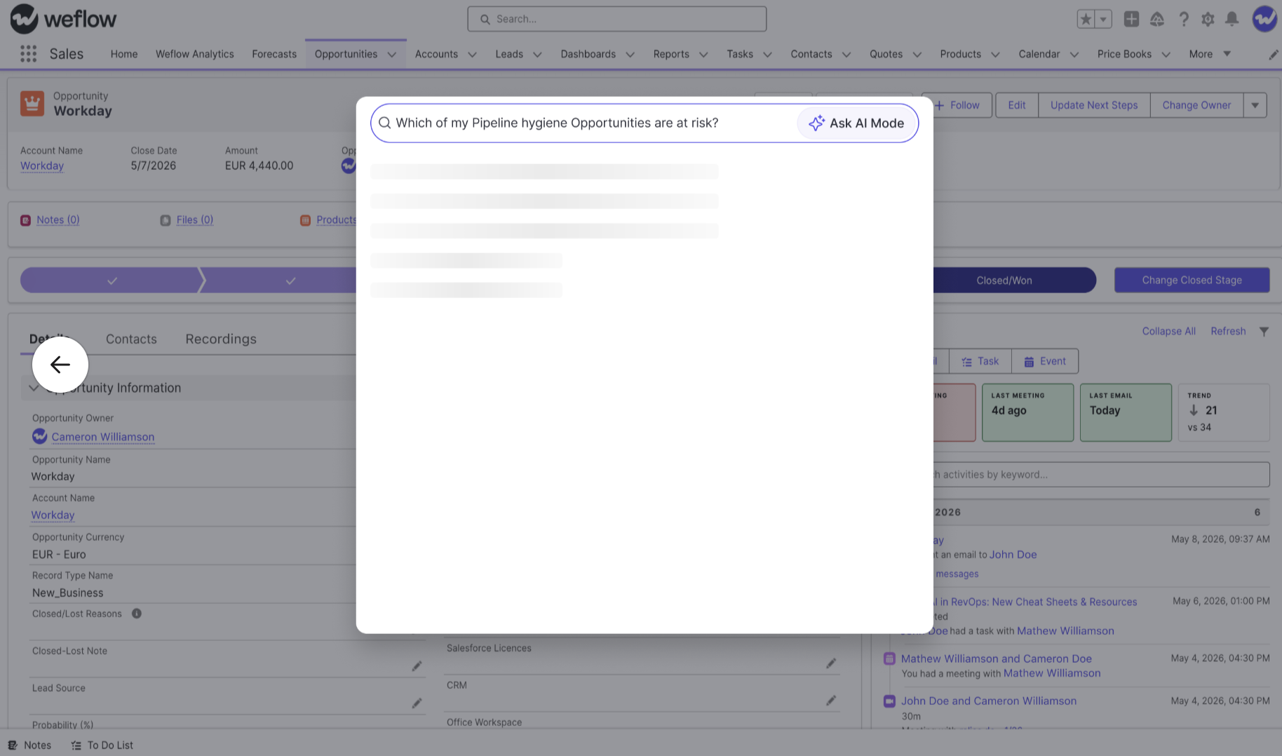 Weflow Ask AI Mode search box open over a Salesforce Workday opportunity asking which pipeline hygiene deals are at risk.