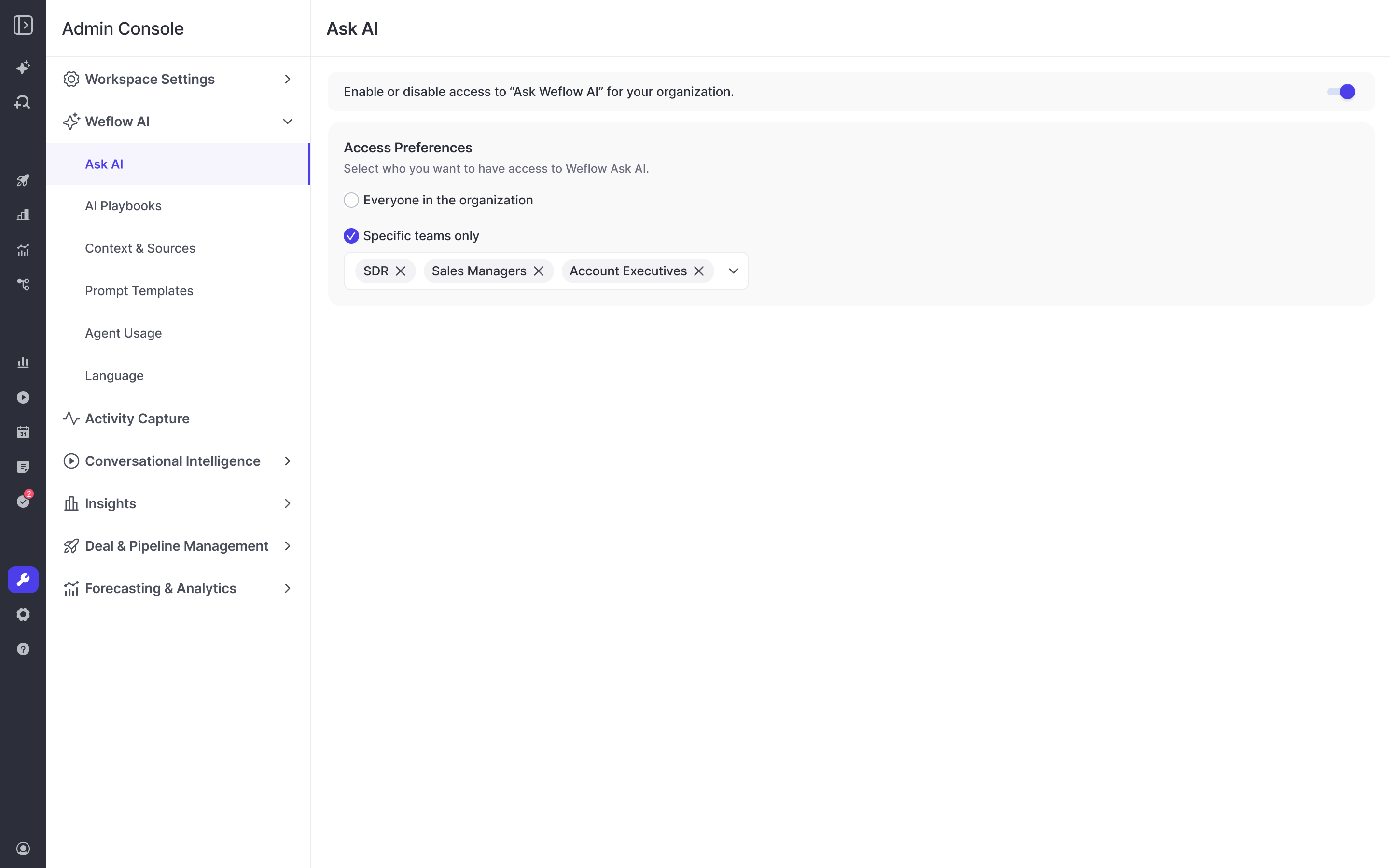 Weflow Admin Console Ask AI screen restricting access to specific teams via selectable chips.