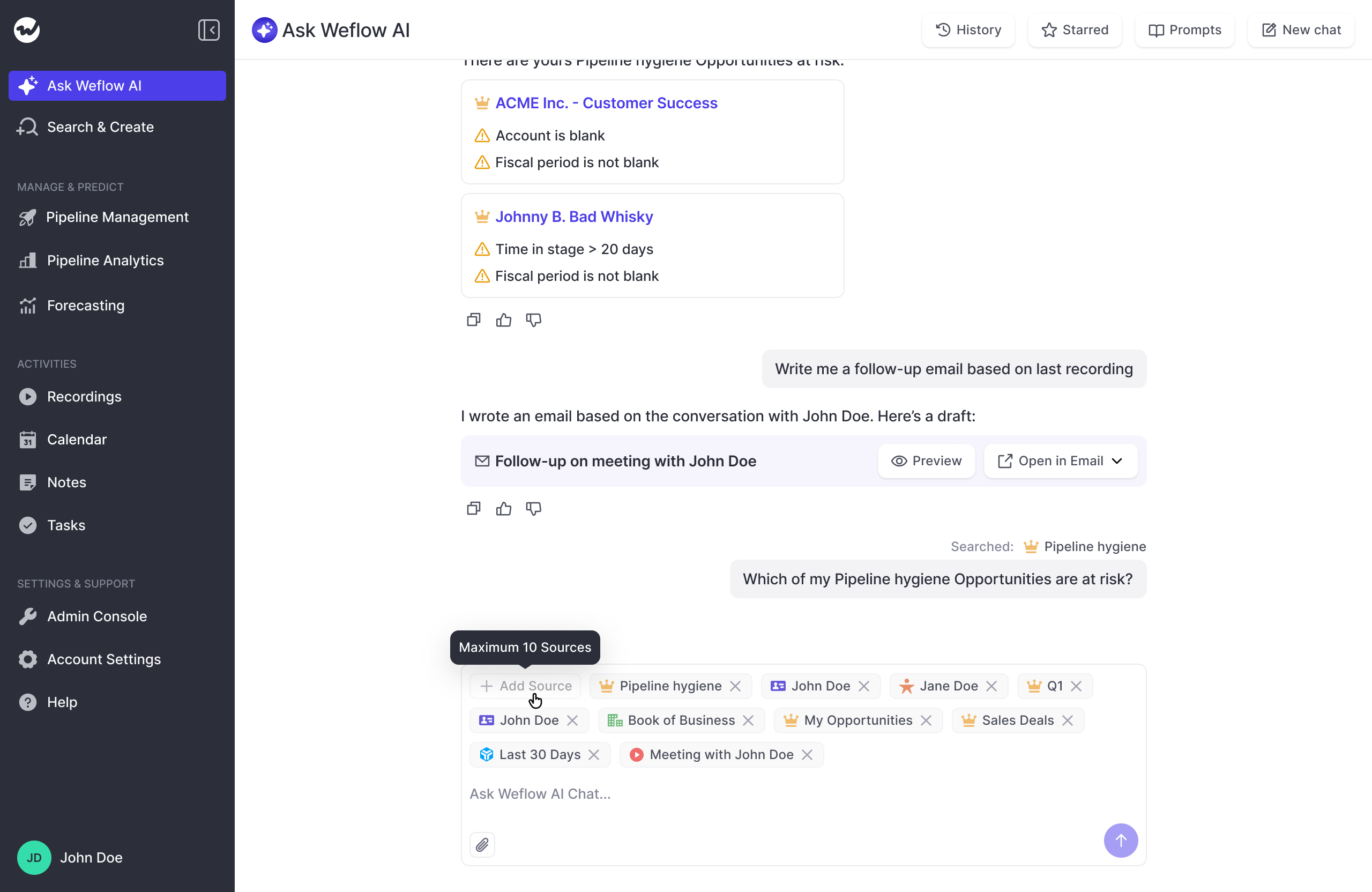 Weflow Ask AI screen showing at-risk opportunities, a drafted follow-up email, and a source-picker with ten attached sources