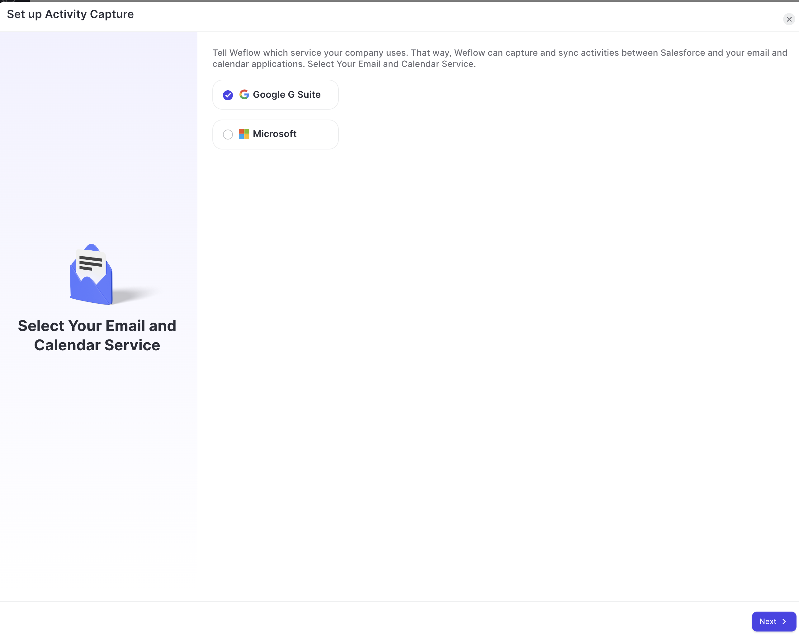 Weflow Activity Capture setup modal asking the user to choose Google G Suite or Microsoft as their email and calendar service.