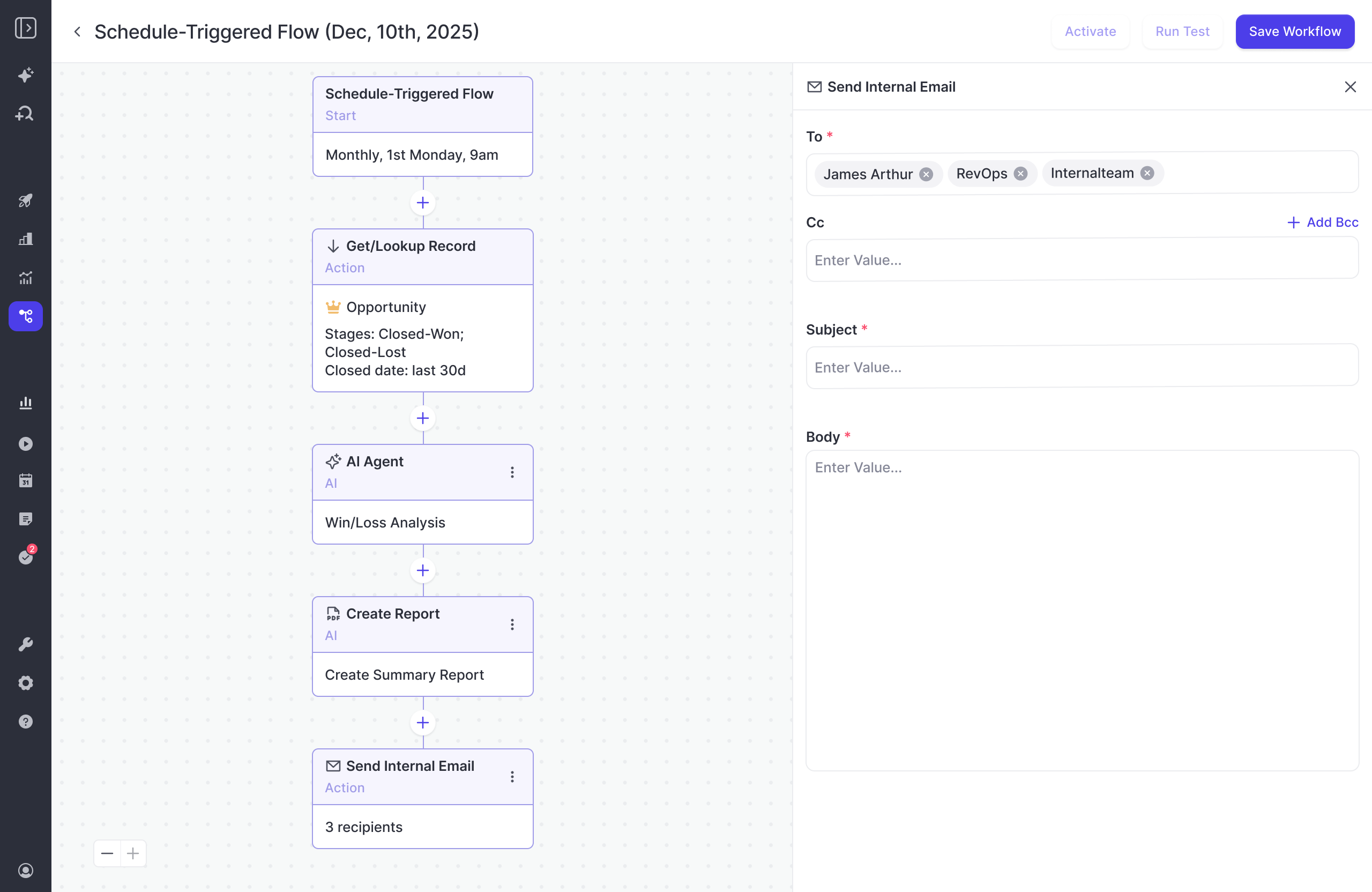Weflow Agent Builder monthly win-loss analysis flow with report creation and internal email