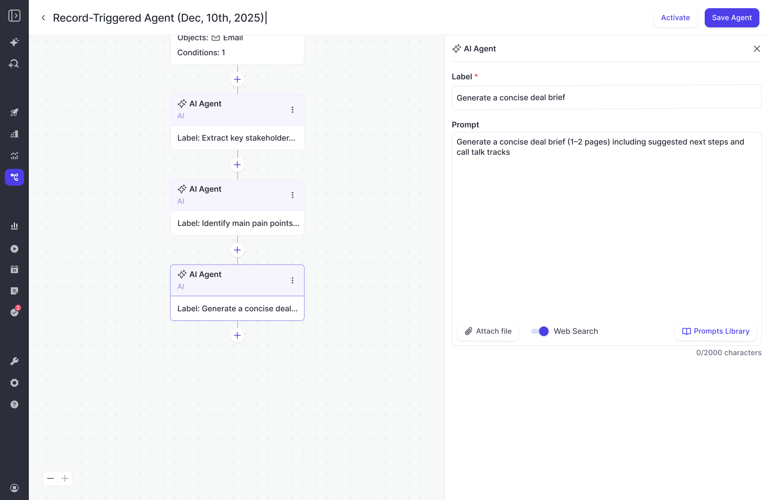 Weflow Agent Builder canvas with multiple chained AI Agent steps and the configuration panel open