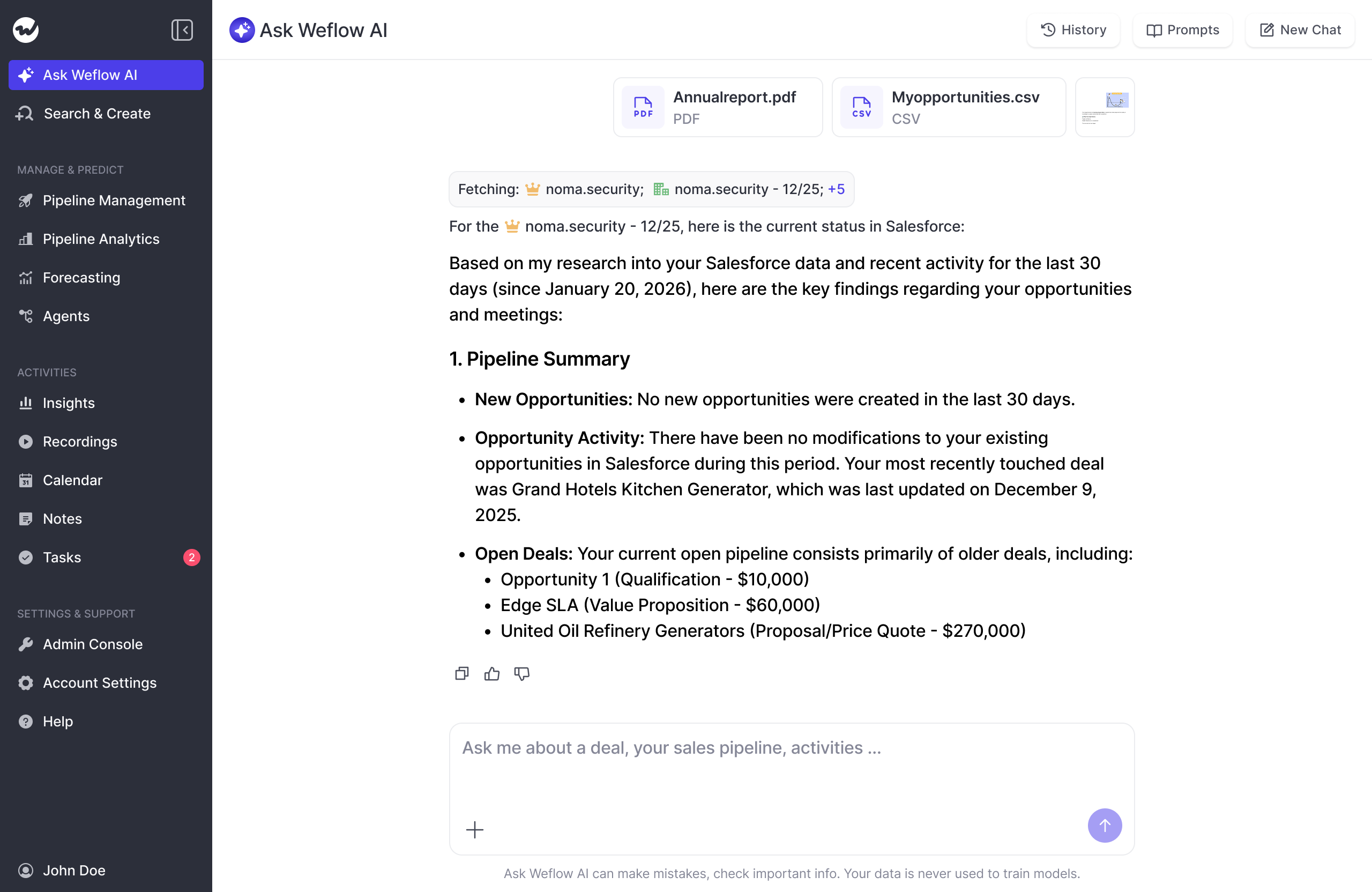 Weflow Ask AI answer with an attached PDF, CSV, and image producing a numbered pipeline summary of open deals.
