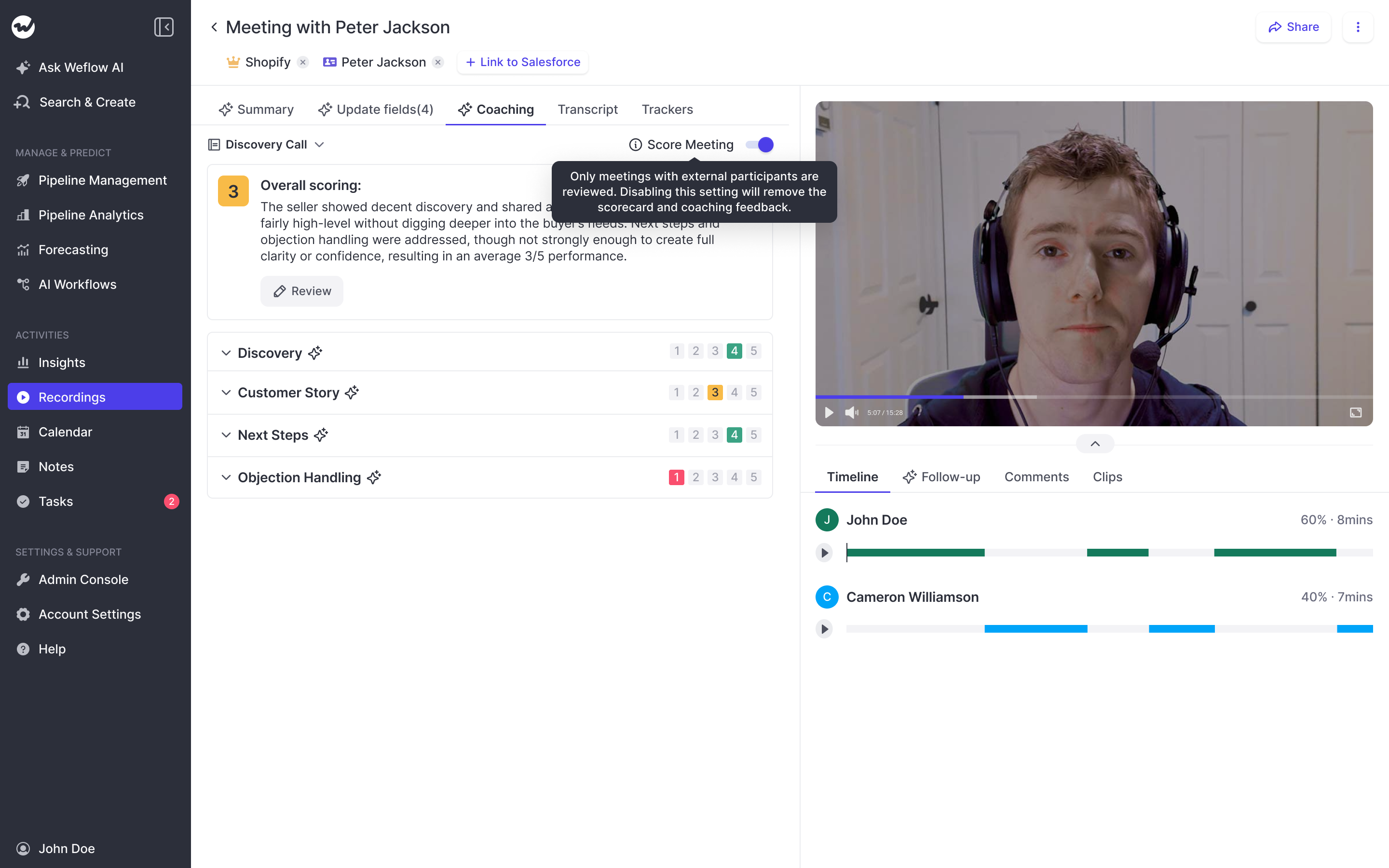 Weflow Score Meeting toggle with tooltip explaining external-participant-only coaching rule