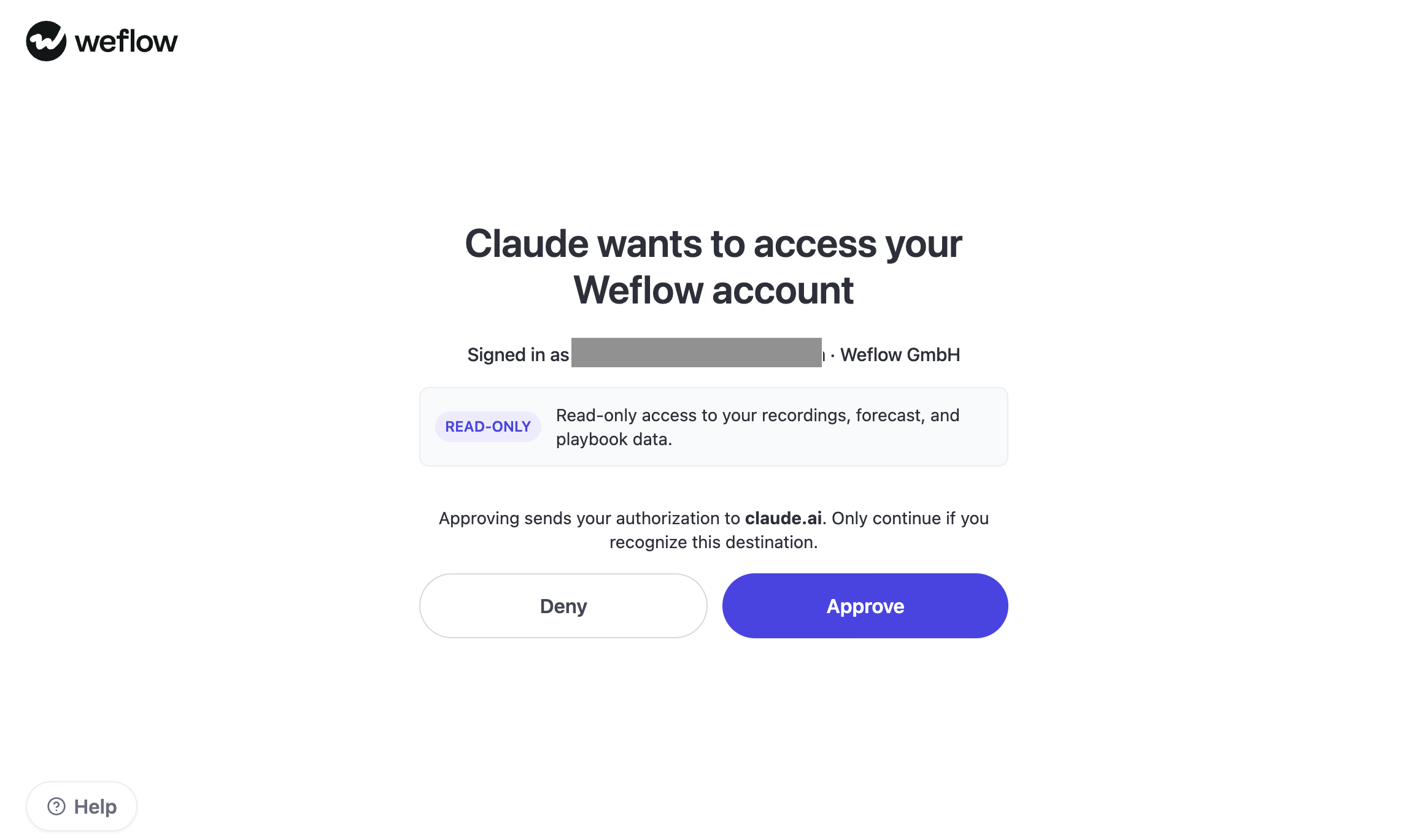 Weflow OAuth consent screen granting Claude read-only access to recordings, forecast and playbook data.
