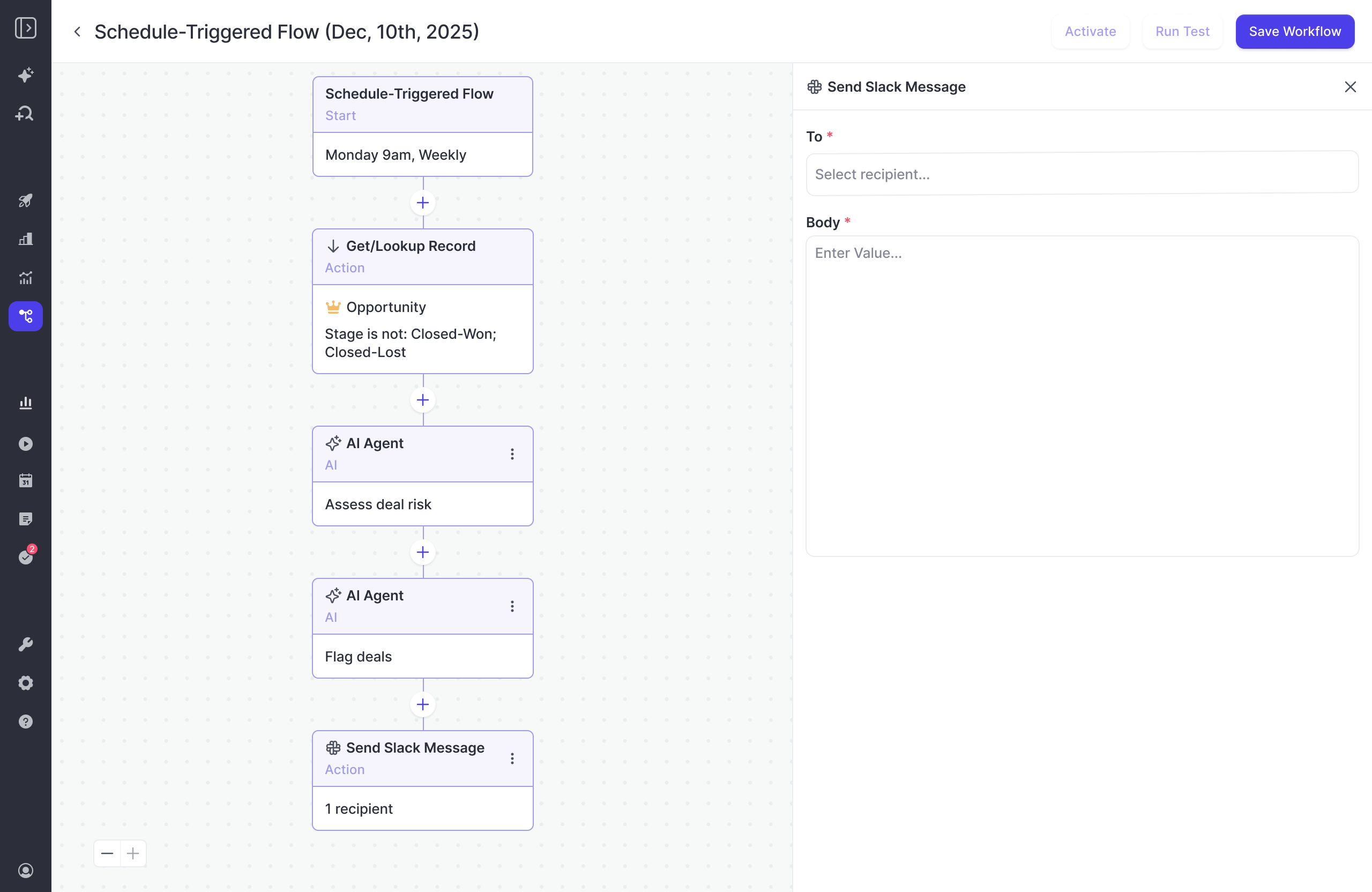 Weflow Agent Builder showing a weekly deal-risk flow that posts to Slack