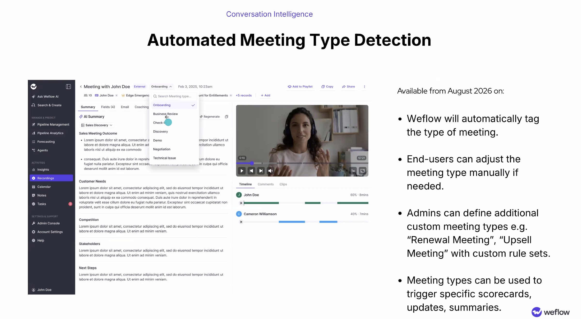 Weflow recording view with the meeting type dropdown open, showing Onboarding, Business Review, Check-in, Discovery, Demo, Negotiation and Technical Issue.