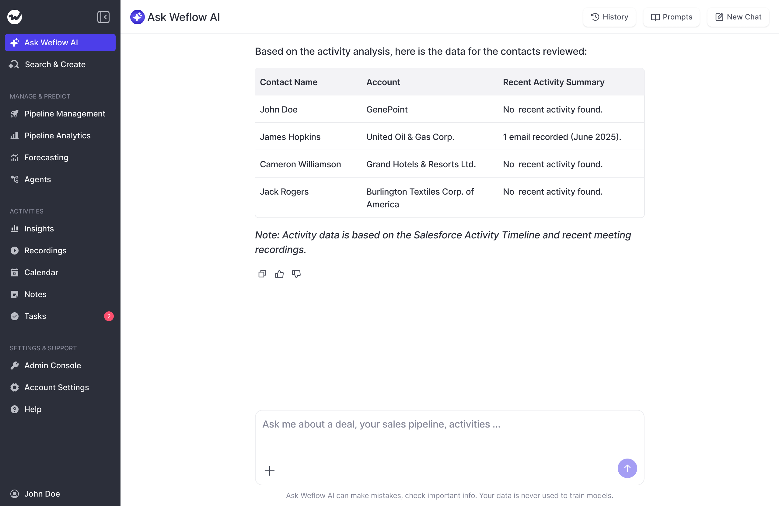 Weflow Ask AI answer presented as a contact activity table with account names and recent activity summaries.