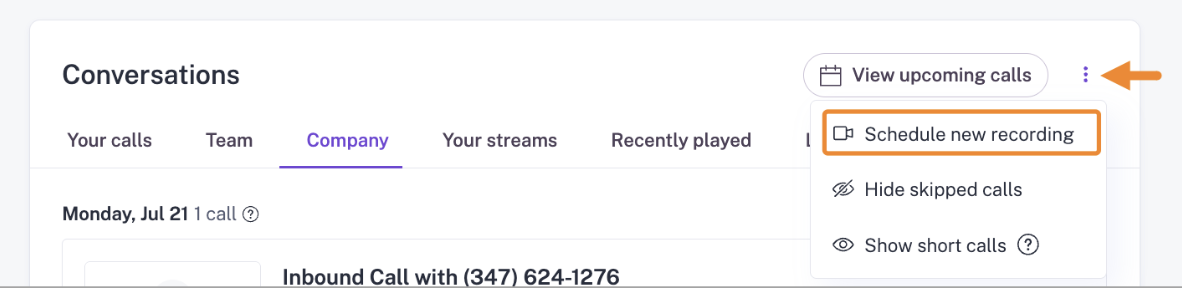 Gong Conversations header with the overflow menu open on Schedule new recording.