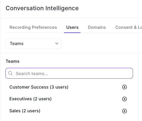 Weflow Conversation Intelligence Users tab with the selector set to Teams, listing teams with their user counts