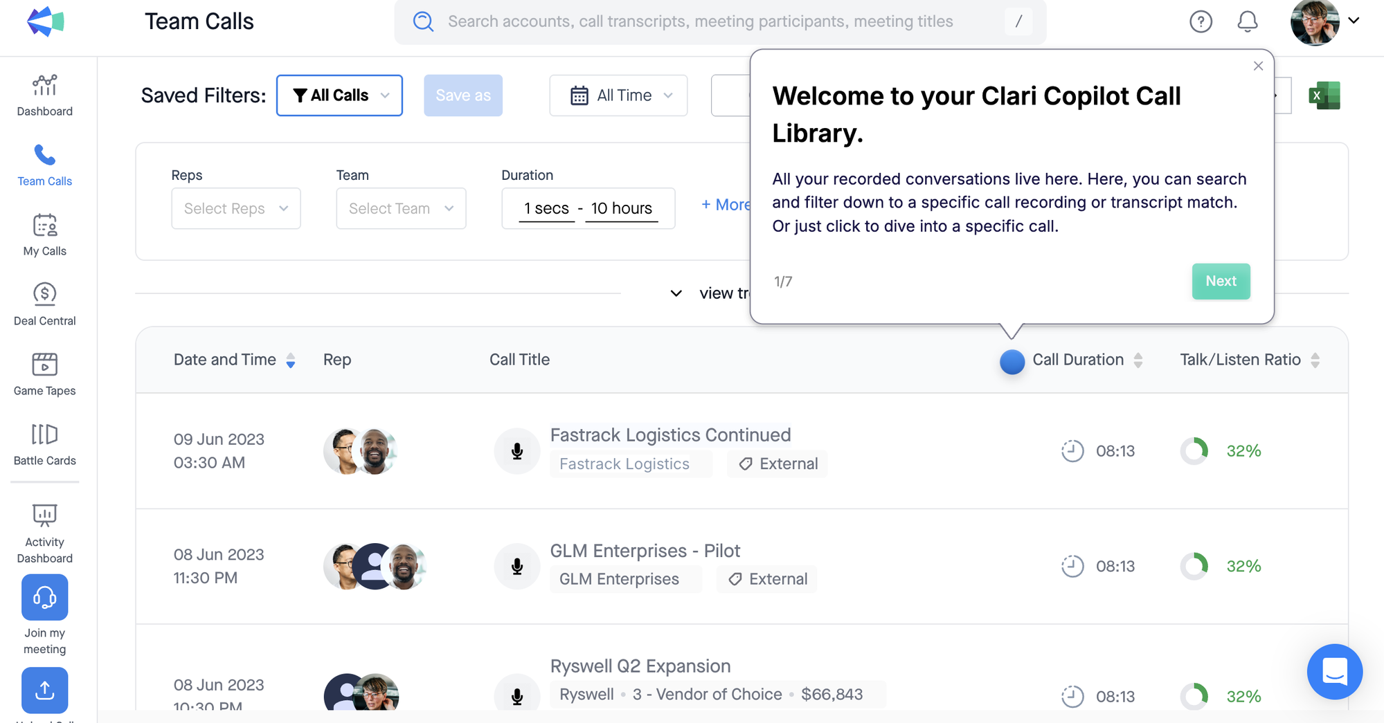 Clari Copilot Team Calls list with saved filters and per-call duration and talk to listen ratio.