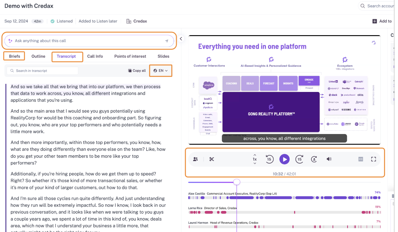 Gong call page with an Ask anything about this call bar, transcript tab open and a per-speaker talk time timeline.
