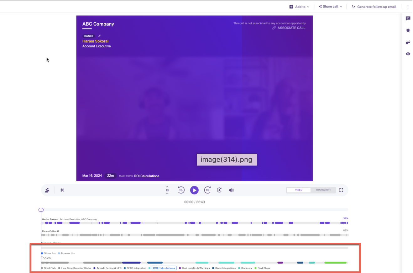 Gong call page with the AI topic tagger track along the timeline, naming each subject discussed.