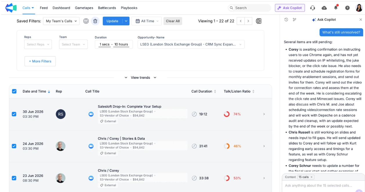 Clari Copilot calls list with the Ask Copilot side panel answering a question across fifteen selected calls.