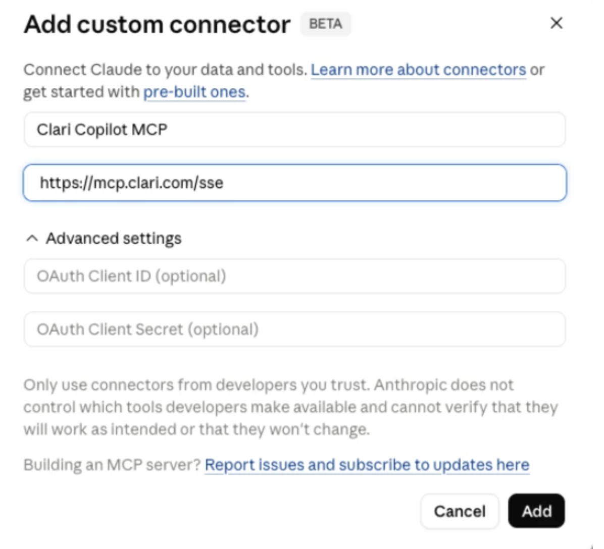 Claude Add custom connector dialog with the Clari Copilot MCP server name and endpoint filled in.