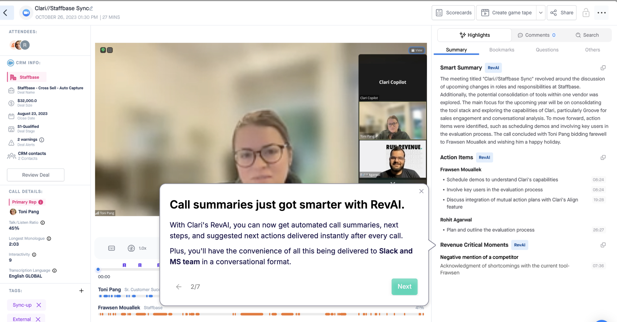 Clari Copilot call page with a RevAI smart summary, per-person action items and flagged revenue critical moments.