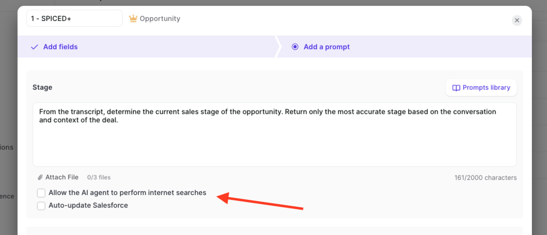 Weflow AI field update prompt editor showing a stage extraction prompt with file attachment, internet search and auto-update Salesforce checkboxes