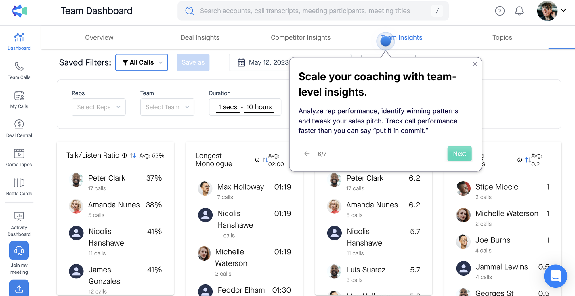 Clari Copilot Team Insights dashboard ranking reps by talk to listen ratio and longest monologue.
