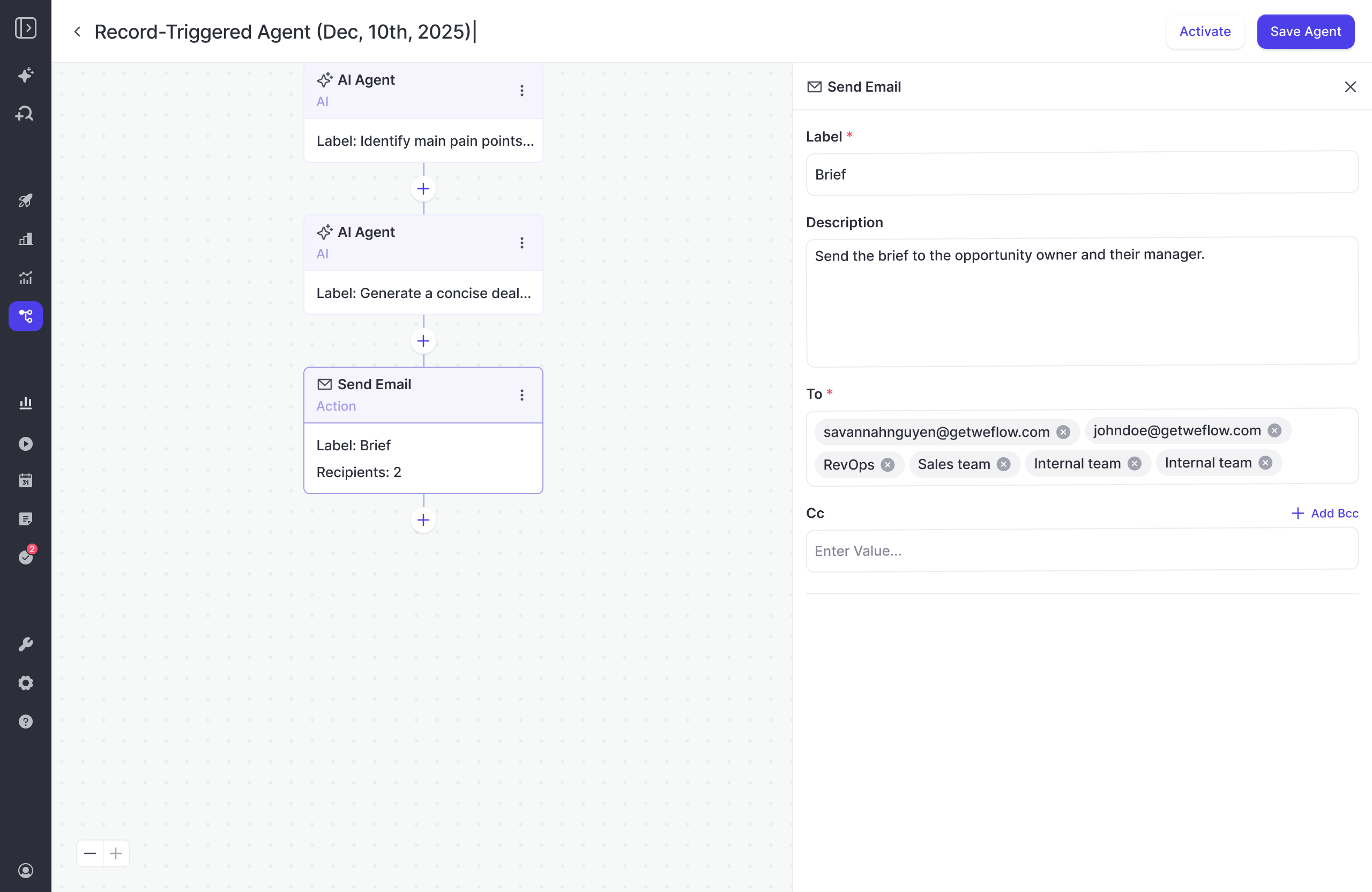 Weflow Agent Builder Send Email action with multiple team and individual recipients