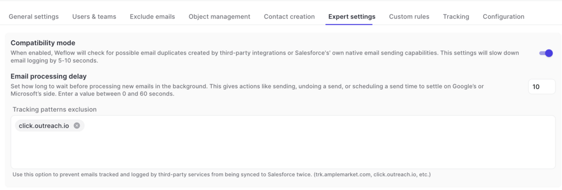 Weflow Activity Capture Expert settings showing compatibility mode, a configurable email processing delay and a tracking patterns exclusion list
