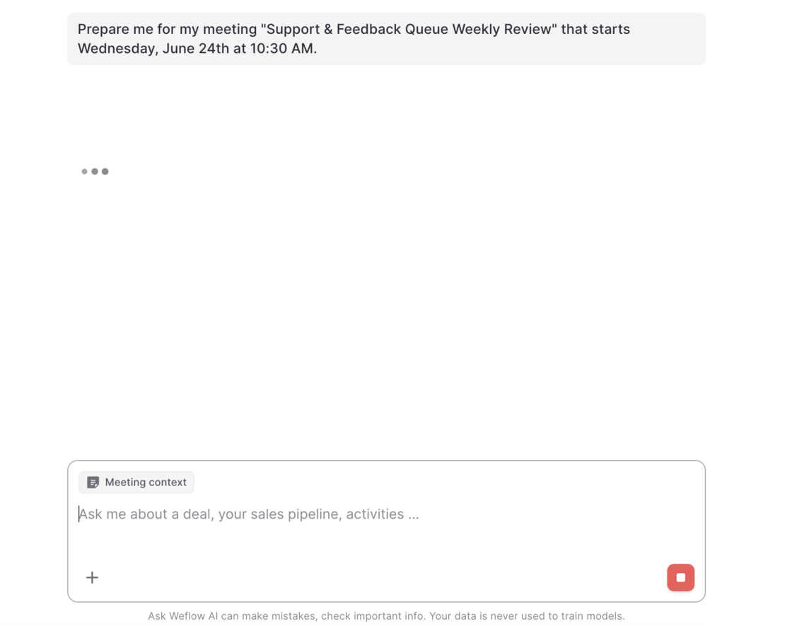 Ask Weflow AI chat with a meeting preparation question and a Meeting context chip attached to the composer