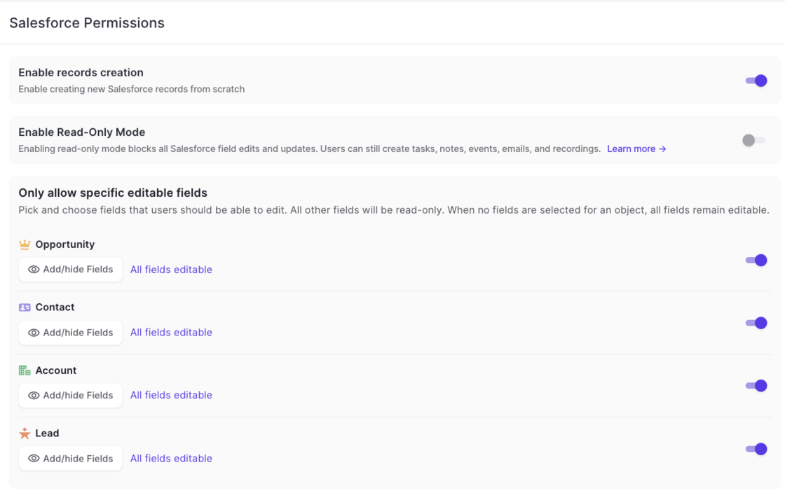 Weflow Salesforce Permissions settings showing record creation, read-only mode and per-object editable field controls