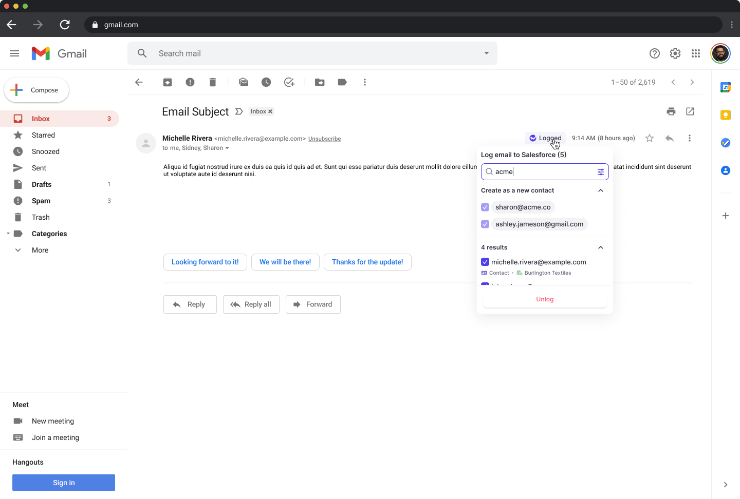 Weflow Gmail add-in showing Unlog action on a previously logged Salesforce email