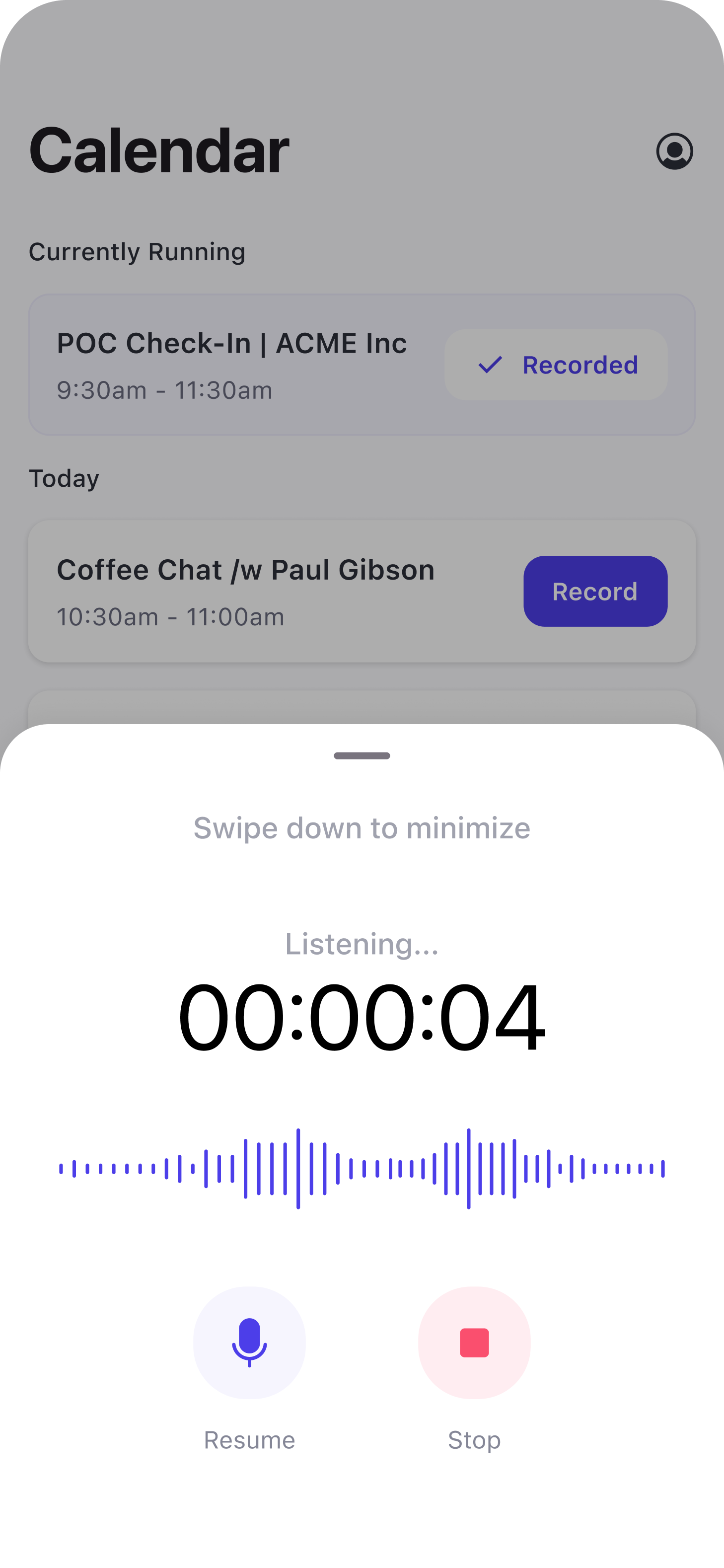Weflow Mobile Copilot recording screen on iOS with a timer, waveform, and recording controls.