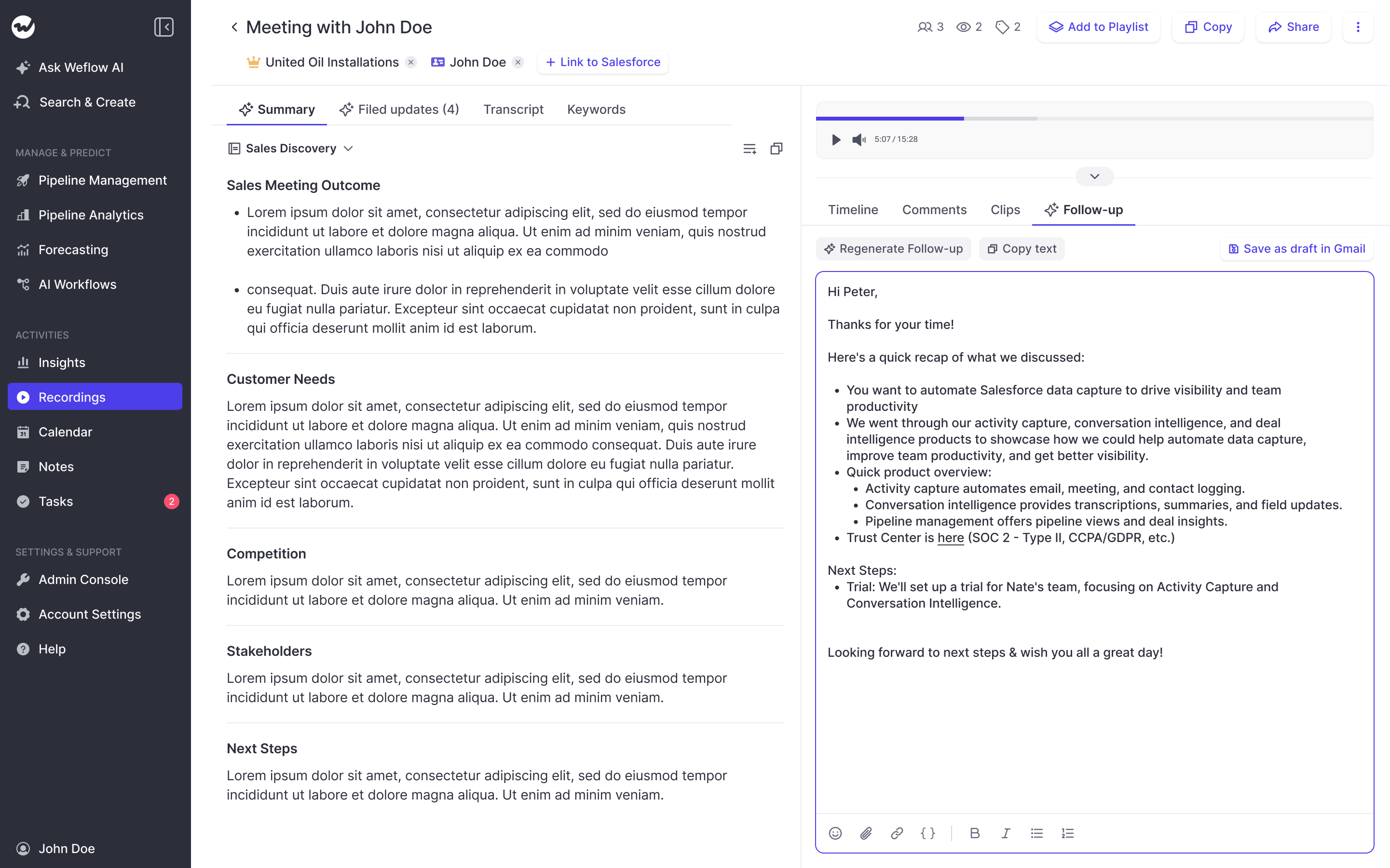Weflow post-meeting view with a call summary beside an AI-generated follow-up email and controls to regenerate, copy text, or save as a Gmail draft