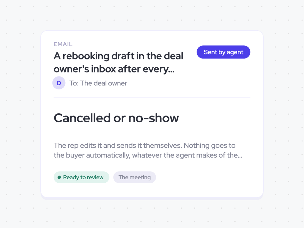 A rebooking draft in the deal owner's inbox after every cancellation or no-show