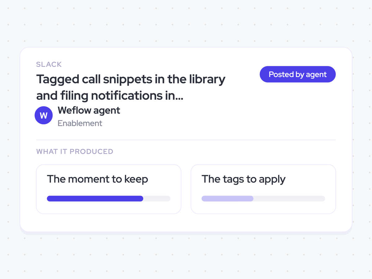 Tagged call snippets in the library and filing notifications in enablement Slack