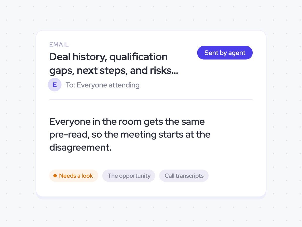 Deal history, qualification gaps, next steps, and risks emailed to everyone attending