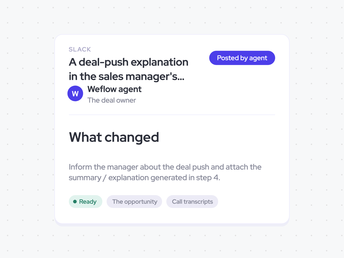 A deal-push explanation in the sales manager's Slack messages