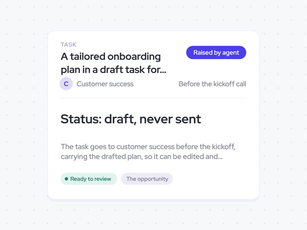 A tailored onboarding plan in a draft task for Customer Success