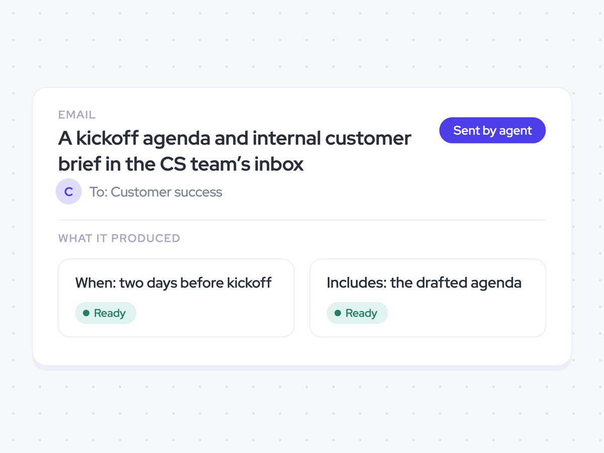 A kickoff agenda and internal customer brief in the CS team’s inbox