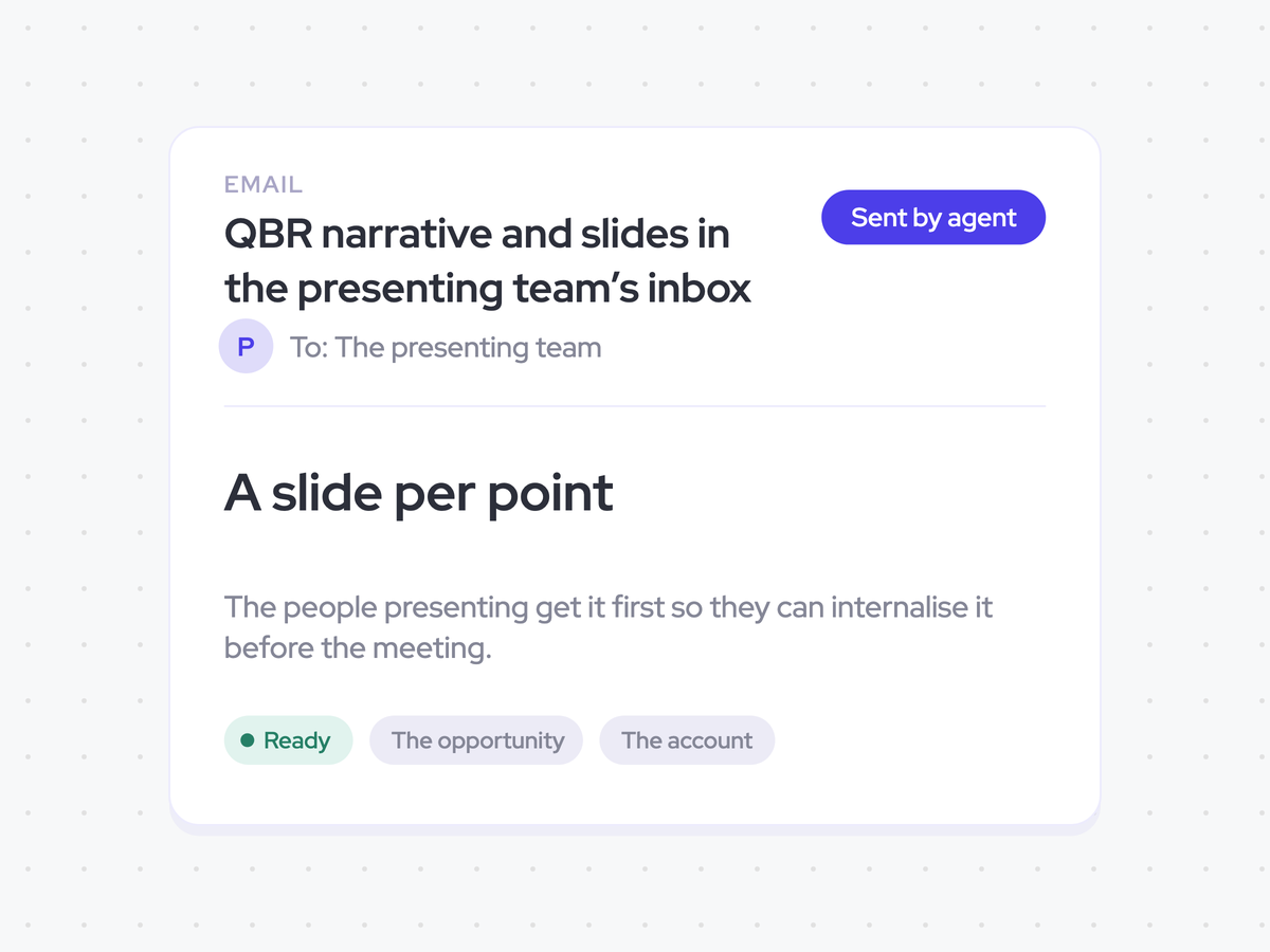 QBR narrative and slides in the presenting team’s inbox